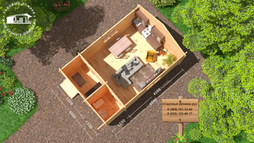 Планировка домика 4х6 - гостиная, прихожая и санузел/кладовка